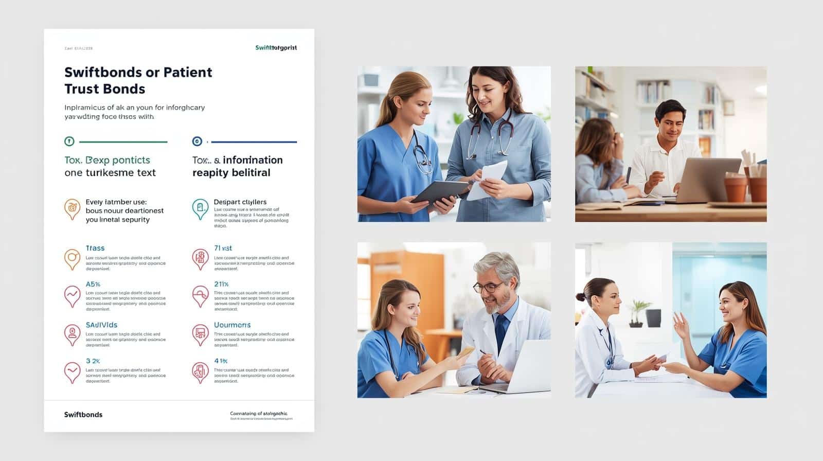 Infographic layout showing "Swiftbonds or Patient Trust Bonds" with bullet points of features and benefits alongside professional photos of healthcare workers in medical settings.