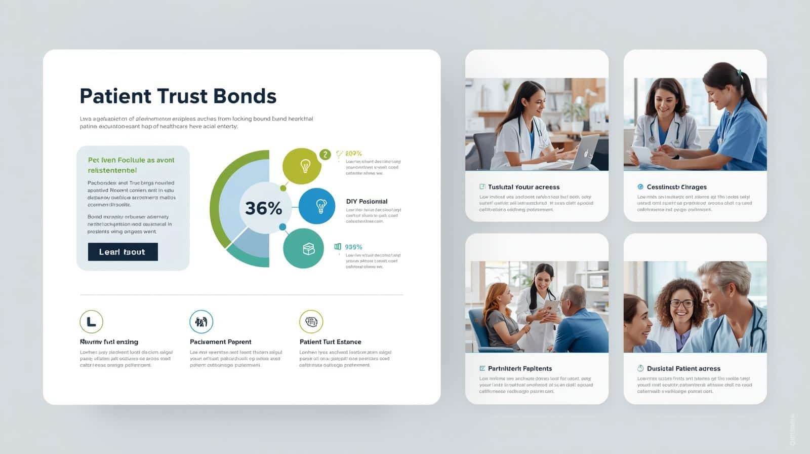 Infographic featuring a circular chart showing 36% statistics, three service icons below, and multiple photos of healthcare professionals collaborating in medical environments.