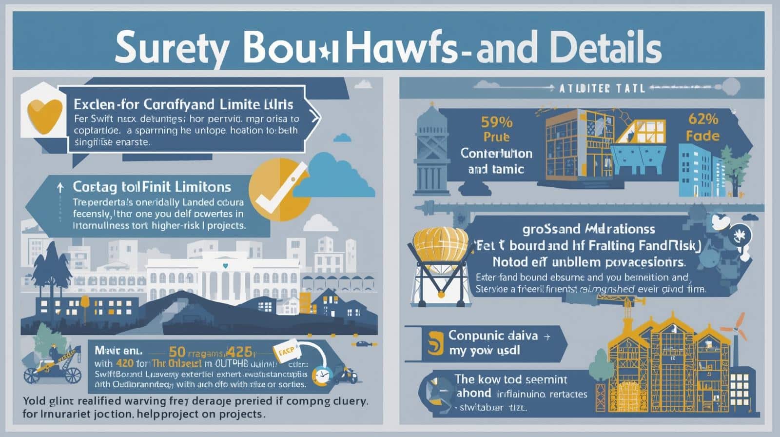 Infographic explaining how exclusions and limitations in surety bonds may be adjusted for higher-risk projects with visual icons and key statistics.
