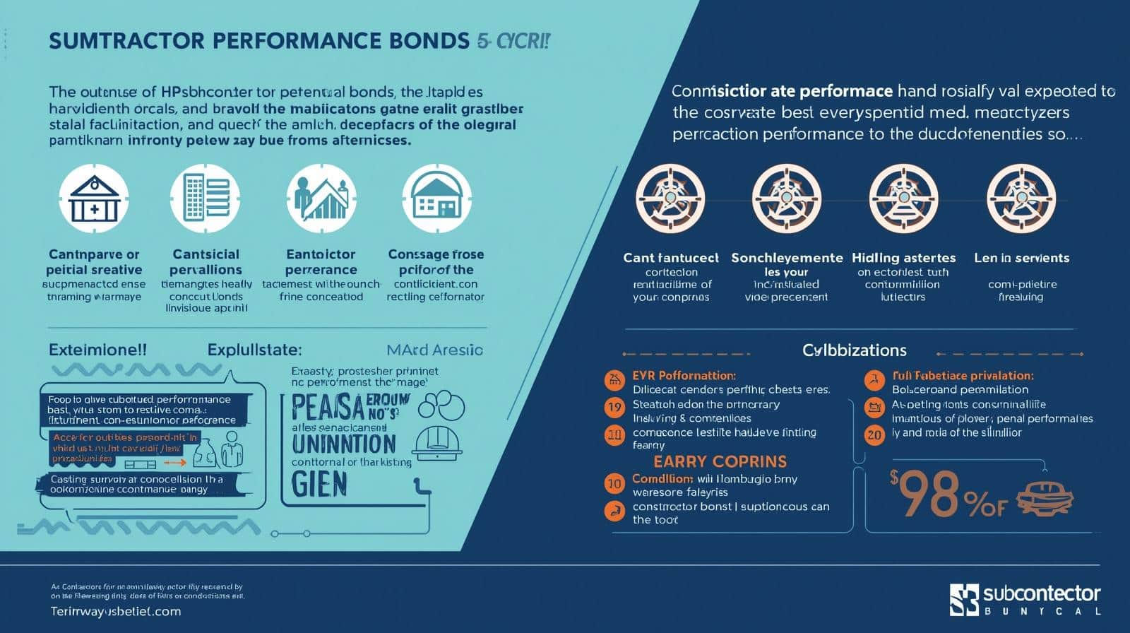 Infographic explaining subcontractor performance bonds, their criteria, and factors impacting bond enforcement and project performance.