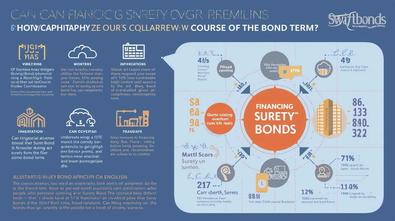 Colorful graphic illustrating the process of financing surety bond premiums with icons for risk, payment schedules, and timelines.