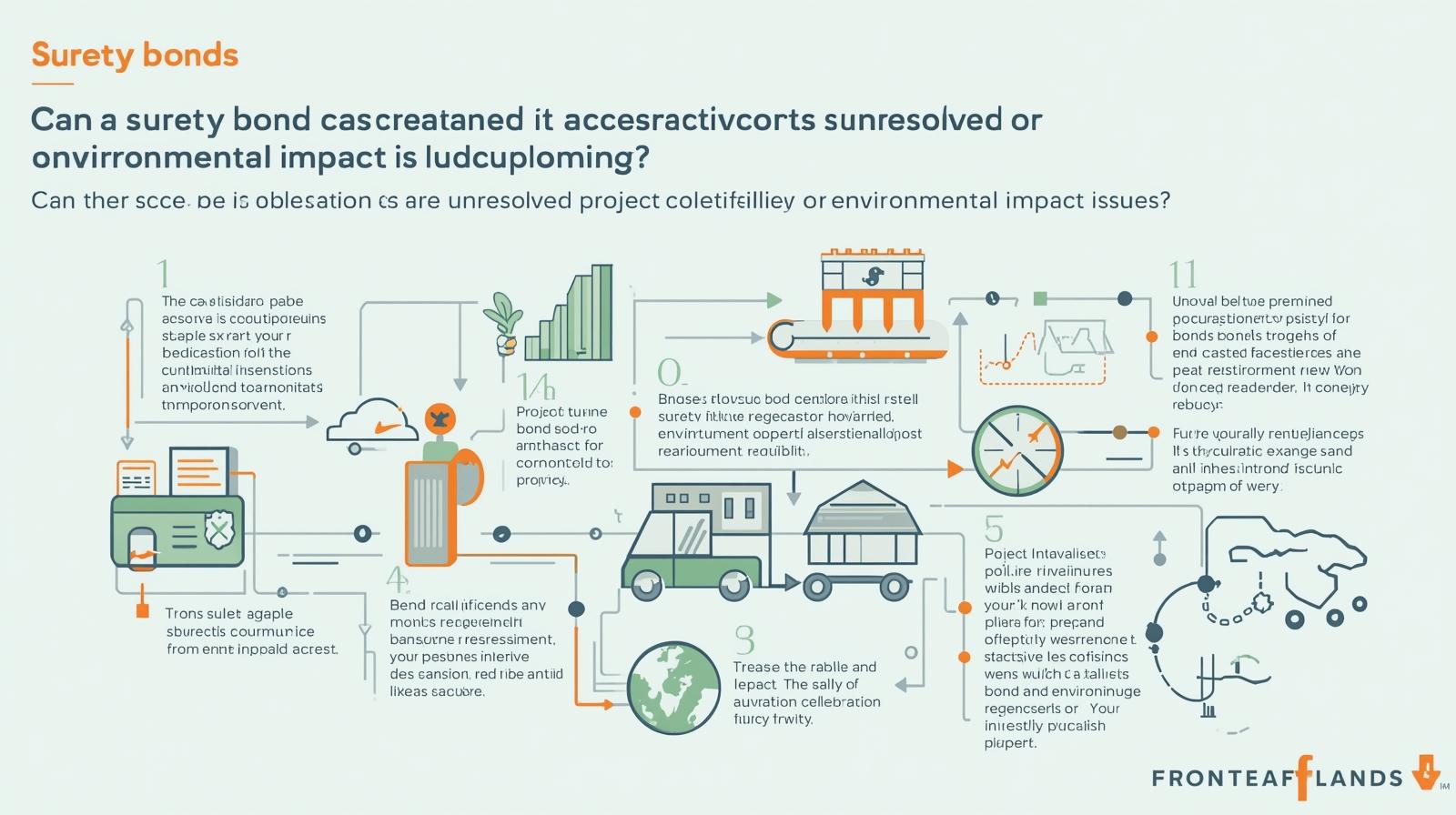 Illustrated infographic explaining how unresolved project sustainability or environmental impact issues can delay surety bond release.