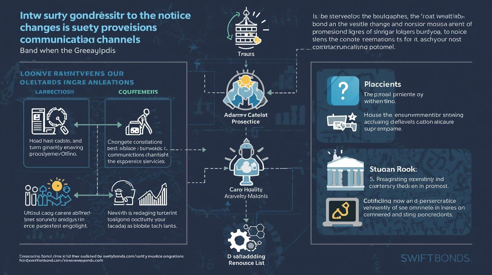 Infographic explaining how notice provisions and communication channels in surety bonds can be modified, with process flow and key terms.