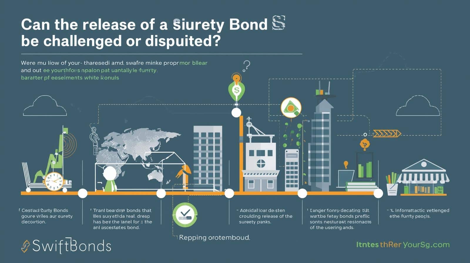 Modern infographic explaining the question "Can the release of a surety bond be challenged or disputed?" with icons of buildings, contracts, and dollar signs.