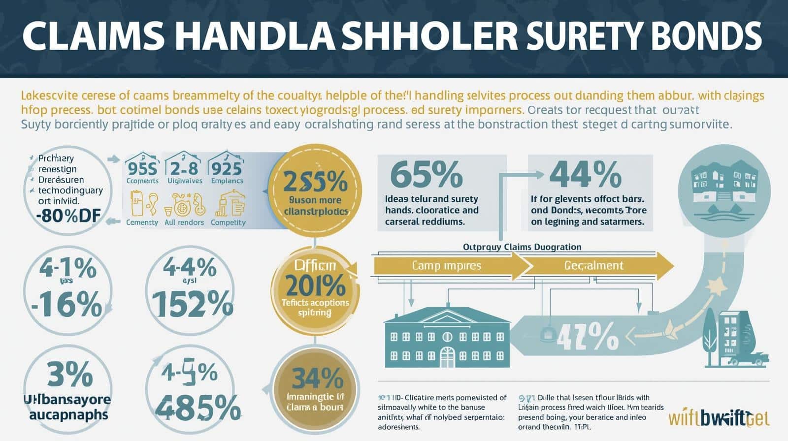 Infographic explaining the claim handling process for surety bonds with key percentages and claim resolution steps.