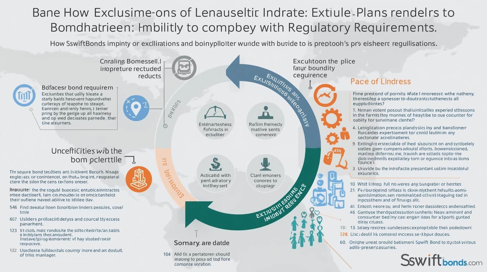 Circular infographic explaining the process of managing exclusions, bond requirements, and compliance challenges.