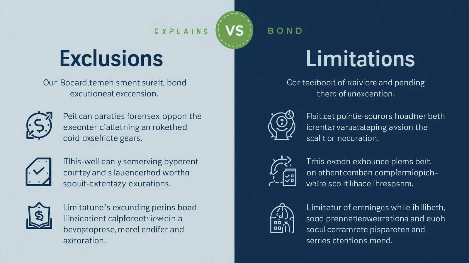 Side-by-side layout explaining exclusions and limitations with icons and minimal text for clarity.