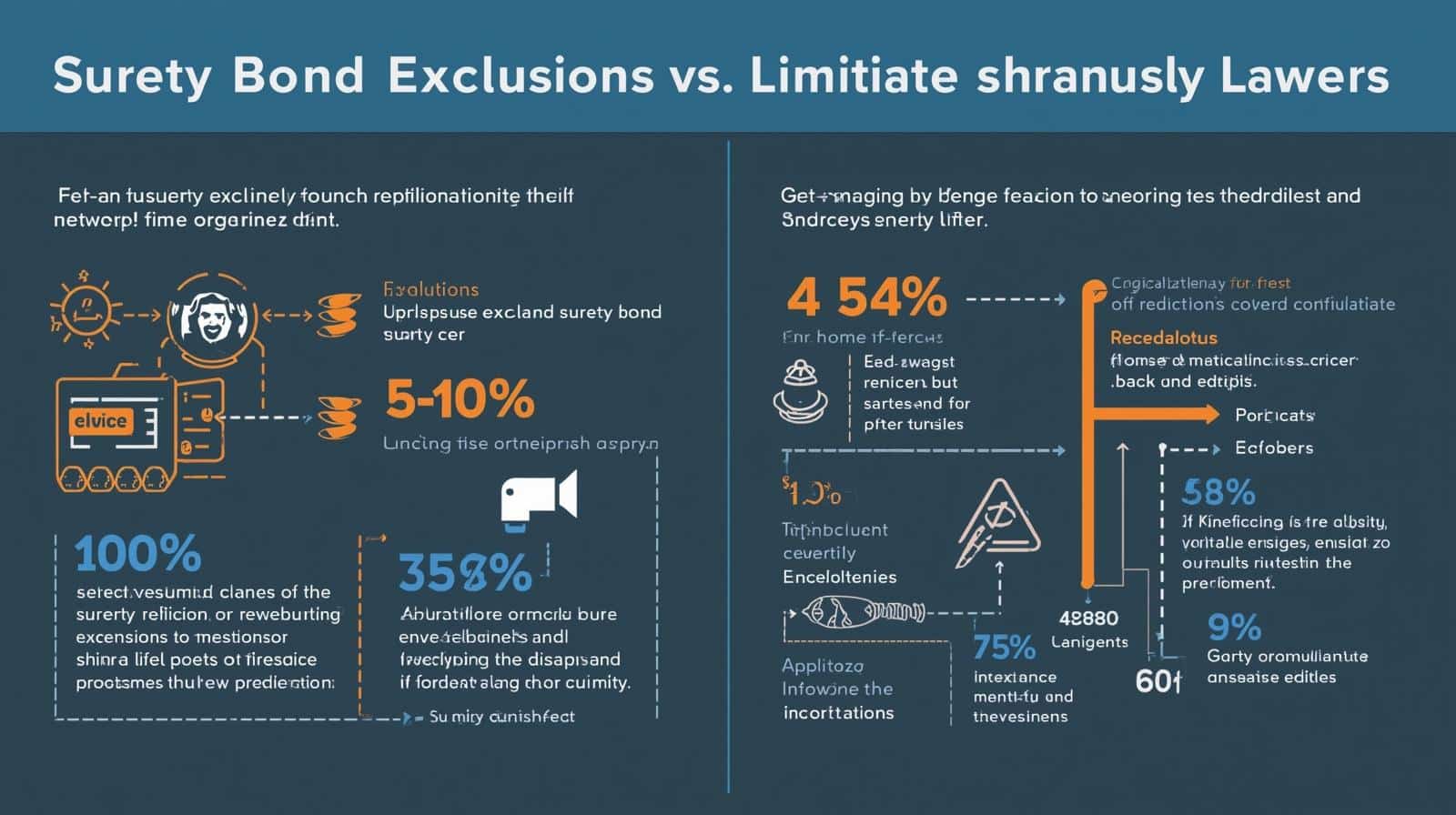 Infographic comparing surety bond exclusions and limitations with visual statistics and icons.