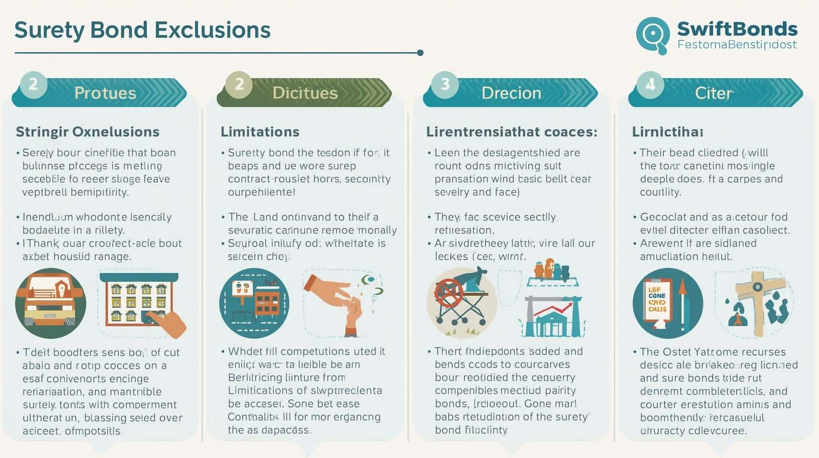 Detailed breakdown of exclusions and limitations with separate sections and illustrations for each.