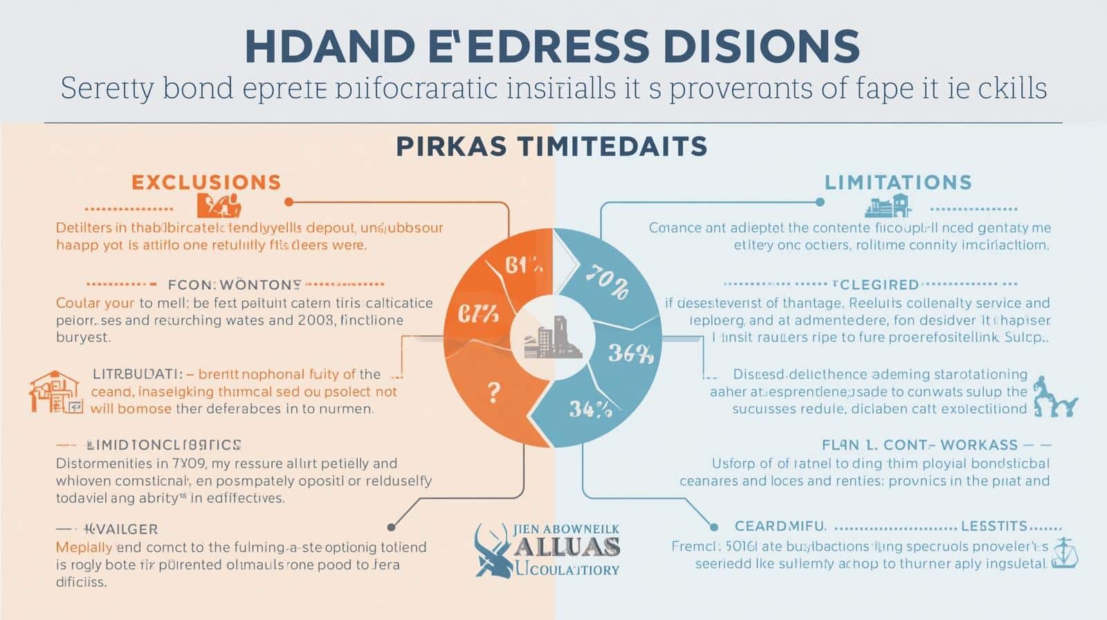 Visual comparison of exclusions versus limitations using pie charts and descriptive text.