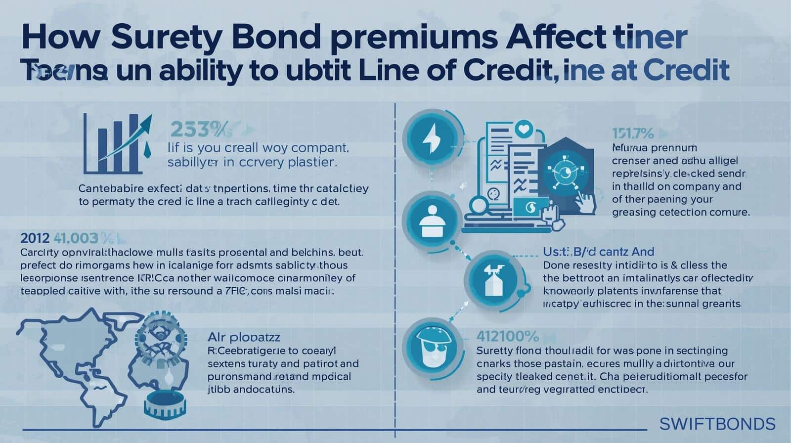 Infographic showing how surety bond premiums impact a company’s ability to obtain a line of credit, with charts on credit stability and financial performance.