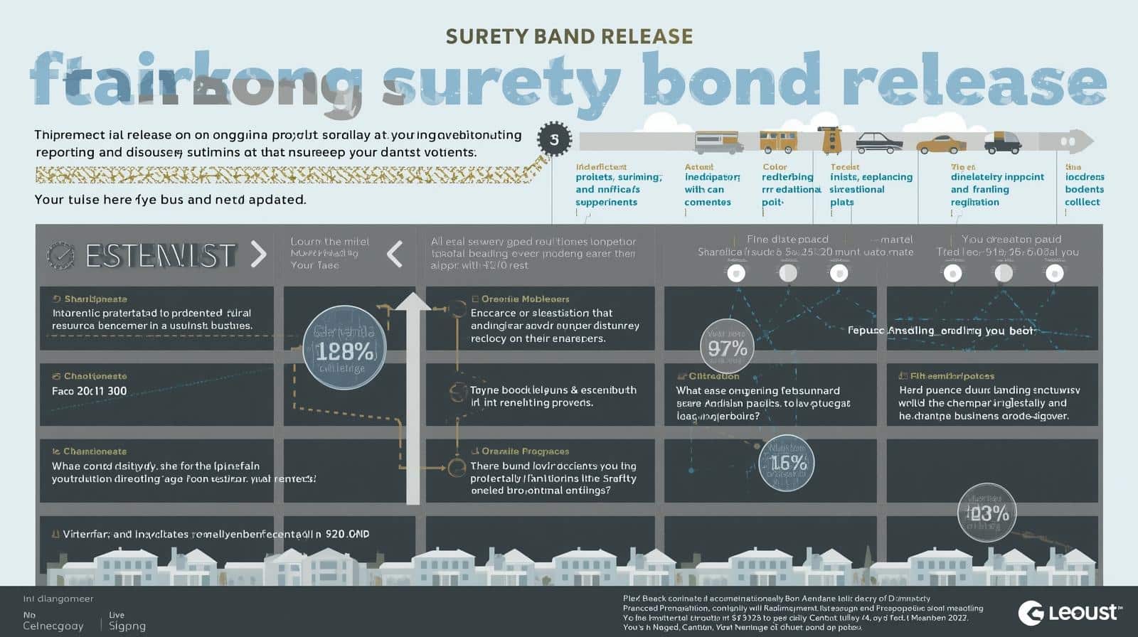 Visual infographic detailing surety bond release effects on ongoing reporting, disclosure, and compliance with project metrics.