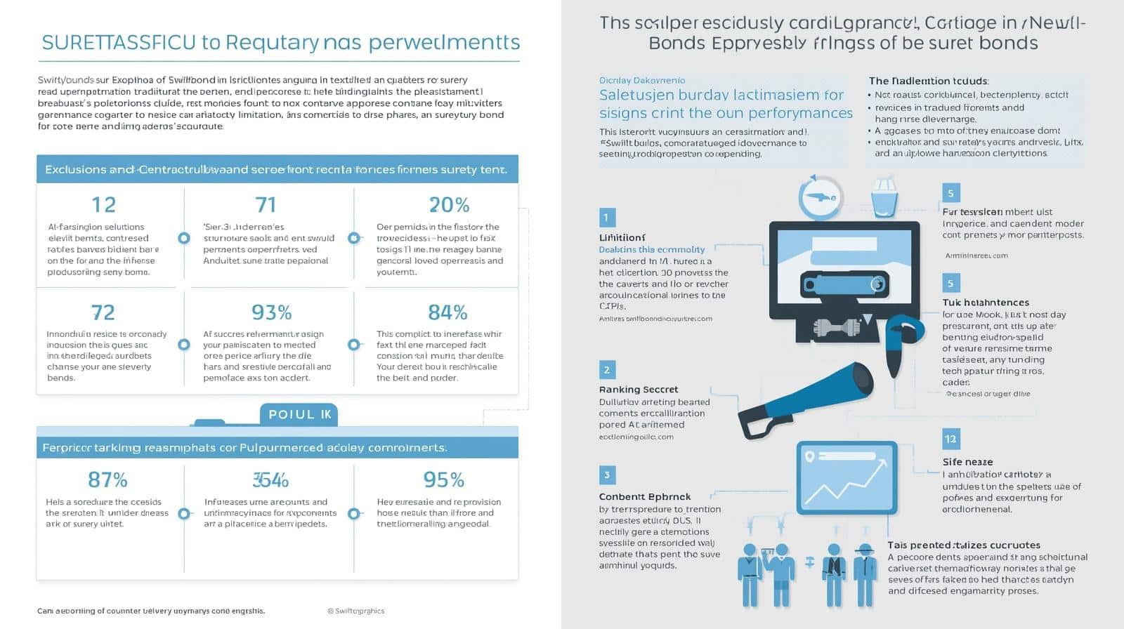 Infographic explaining exclusions and contractual limitations in surety bonds with supporting statistics and visuals.