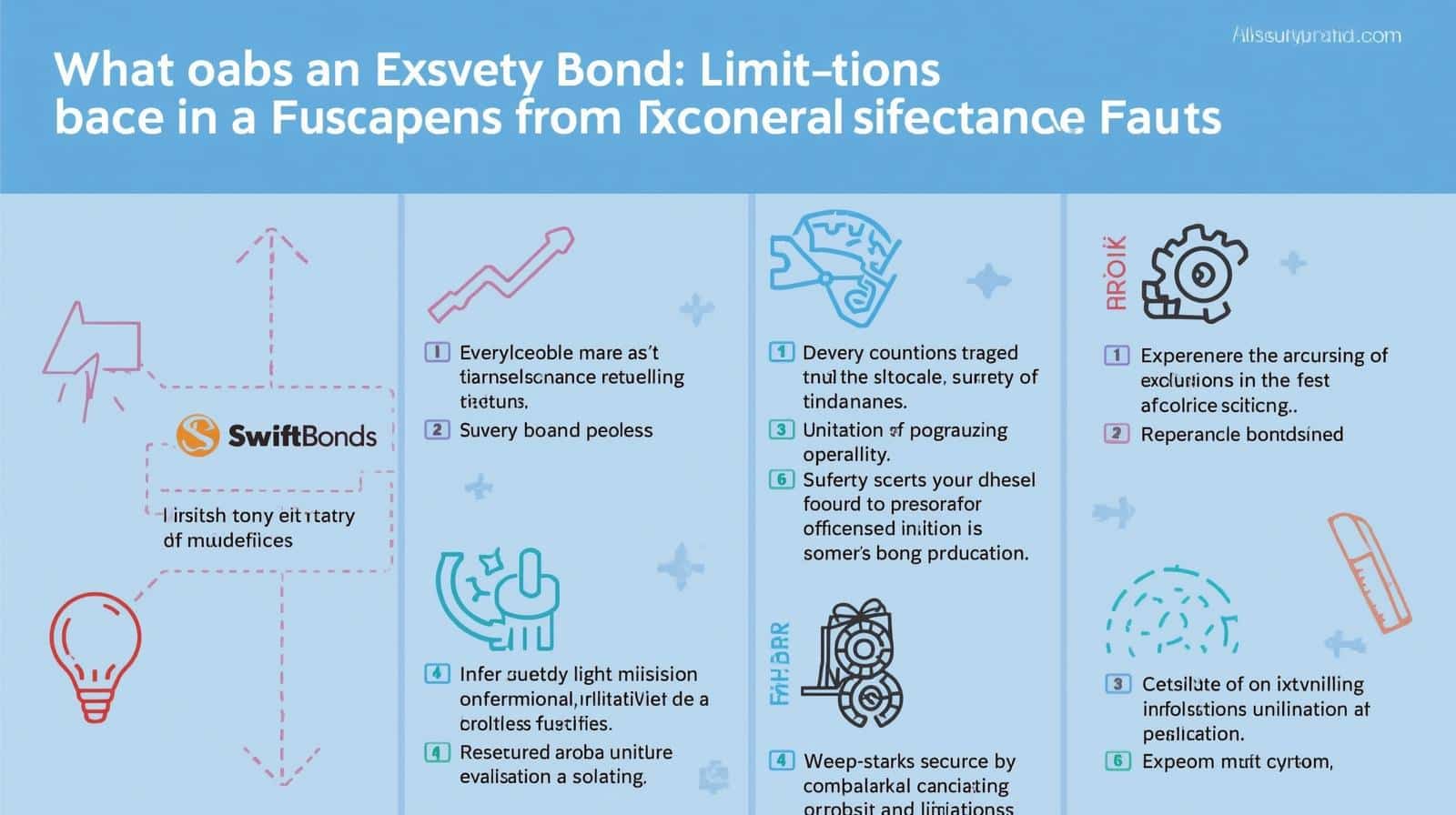 Blue-themed infographic explaining exclusions and limitations of surety bonds with numbered points and illustrated icons.