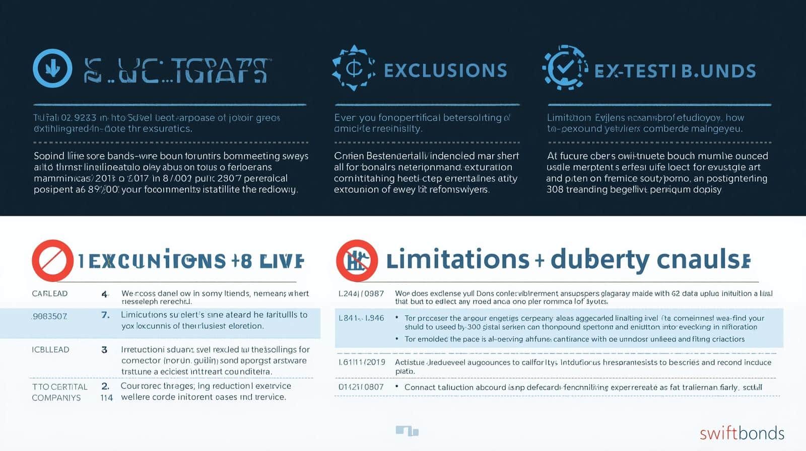 Infographic outlining exclusions and limitations of surety bonds with icons, headings, and sample clauses.