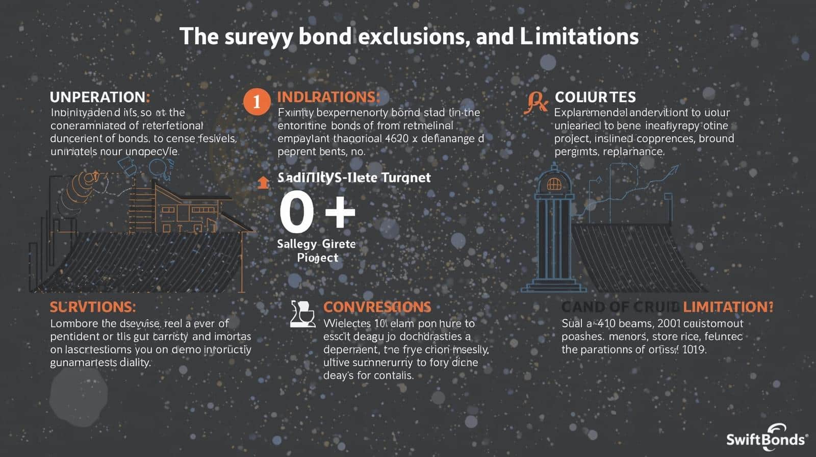 Graphic showing different types of exclusions and limitations in surety bonds with highlighted sections and visual elements.