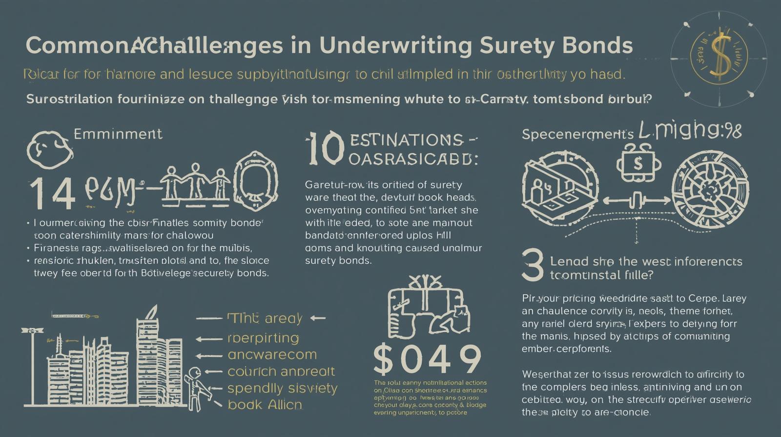 Infographic highlighting common challenges in underwriting surety bonds with visuals showing economic shifts, regulations, and risks.