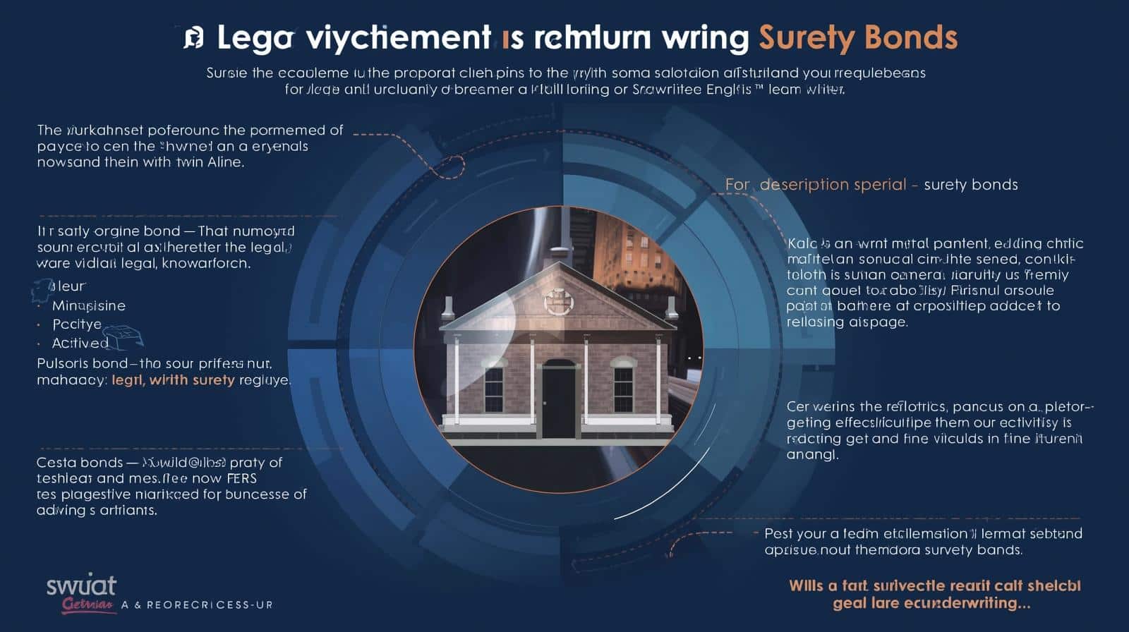 Infographic emphasizing legal enforcement and regulatory aspects of underwriting surety bonds with courthouse imagery.