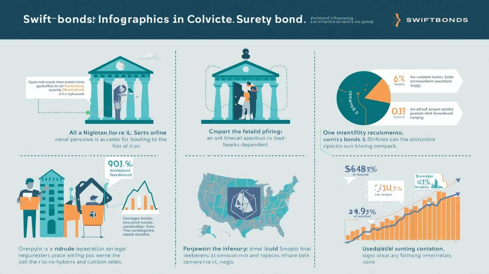 Infographic explaining SwiftBonds legal compliance requirements with illustrations of courthouses and financial charts.