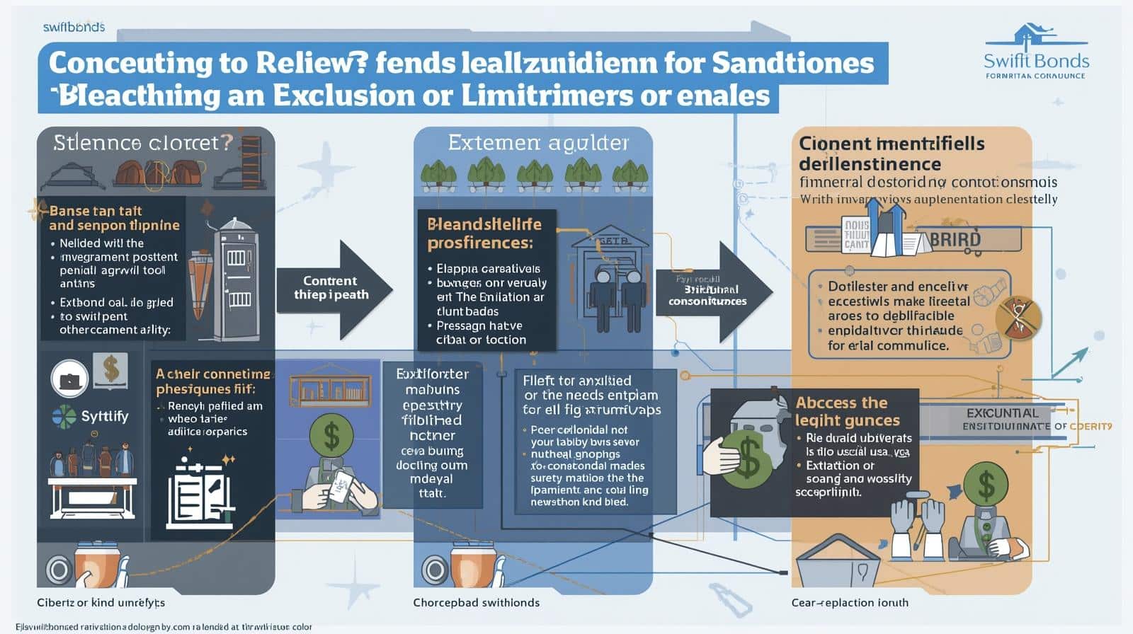 Infographic outlining relief and sanctions tied to exclusion or limitation breaches in surety bonds with flowcharts, icons, and compliance visuals.