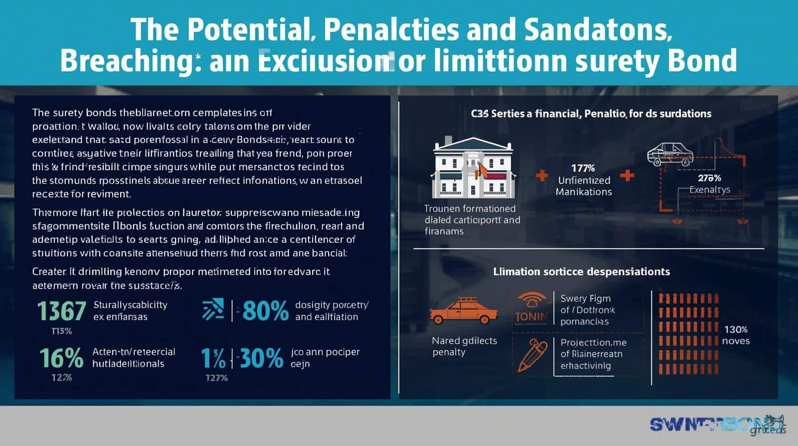 Infographic explaining potential penalties and sanctions for breaching exclusions in surety bonds with charts, icons, and penalty statistics.