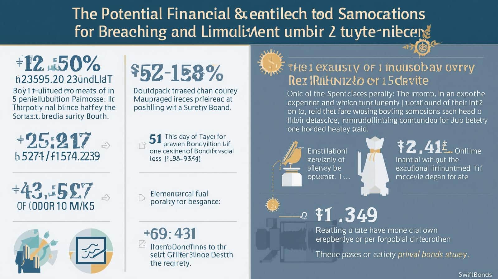 Infographic highlighting financial and legal consequences of breaching surety bond limitations with percentage ranges and symbolic graphics.