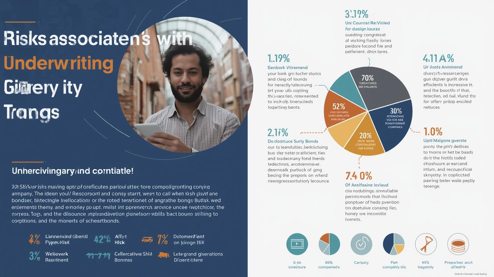 Infographic outlining underwriting risks in surety bonds with visuals of pie charts, percentages, and compliance factors.