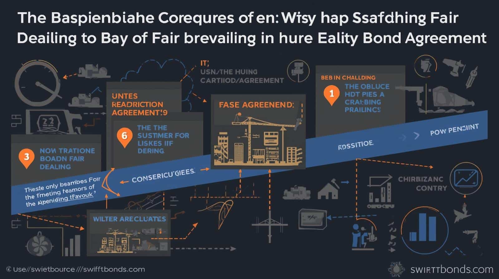 Dark-themed infographic illustrating stages and impacts of obligee breaches in surety bond agreements with visual flow of consequences.