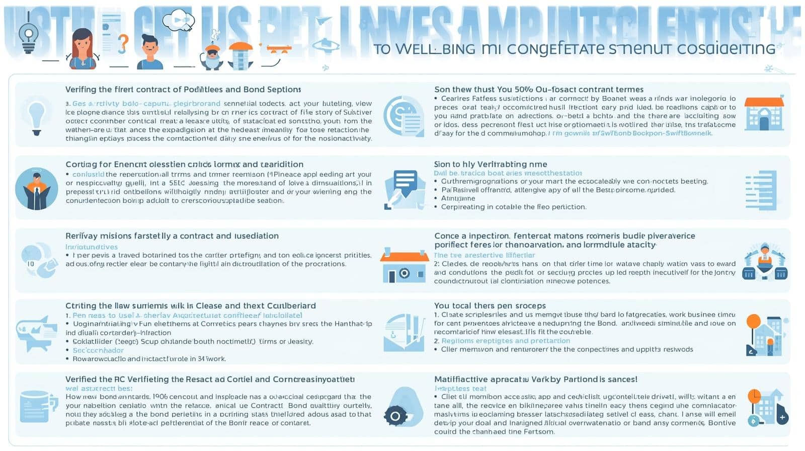 Infographic outlining detailed verification steps of contract terms and conditions for bond release with icons and bullet points.