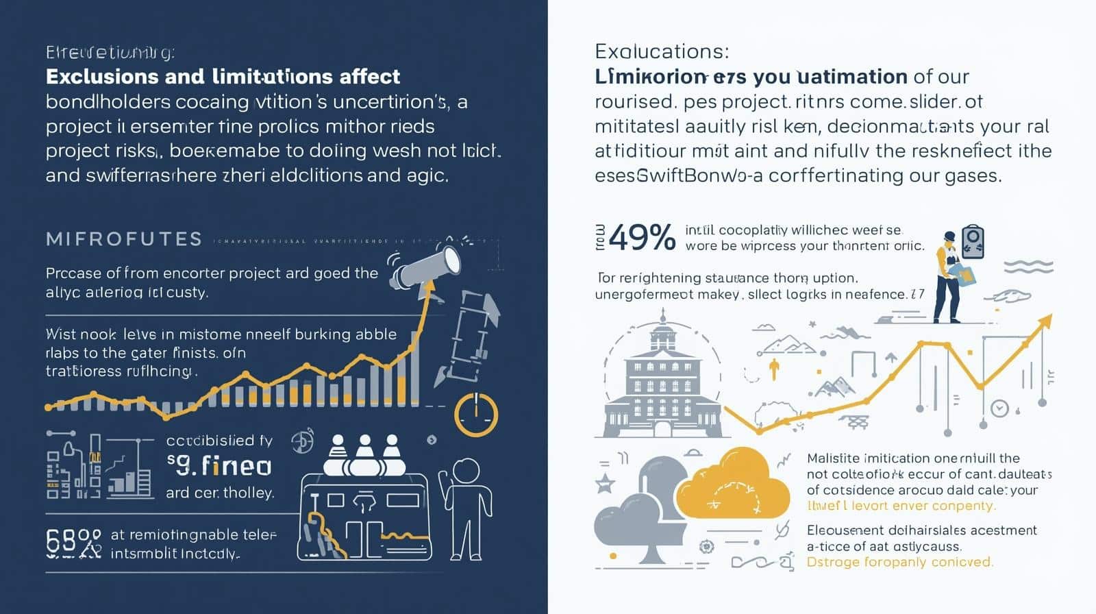 Visual guide showing how exclusions and limitations affect bondholder ability to mitigate project risks, featuring graphs, upward trend lines, and explanatory icons.