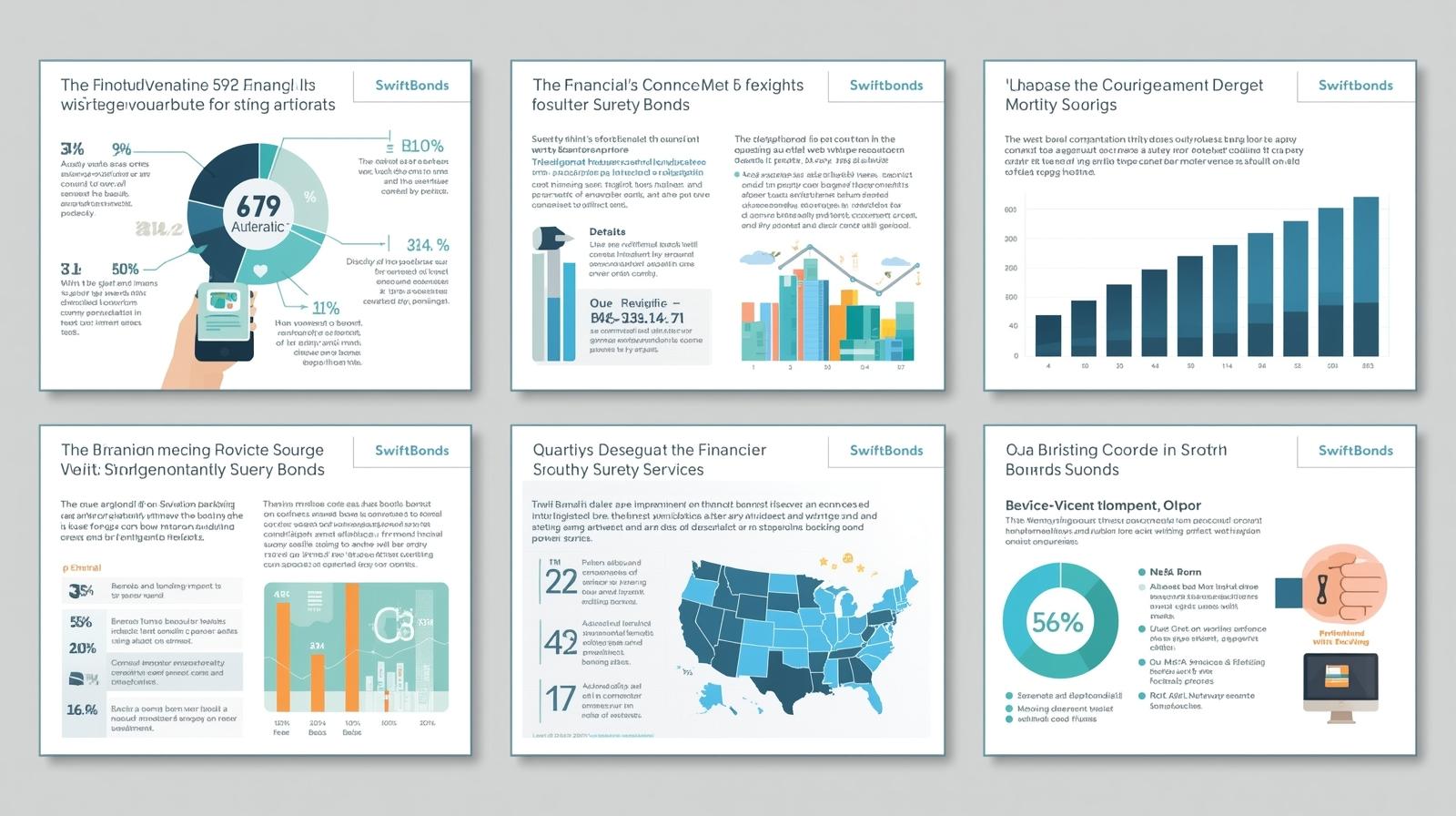 Multi-panel infographic detailing statistical data, charts, and maps on financial factors affecting surety bond underwriting.