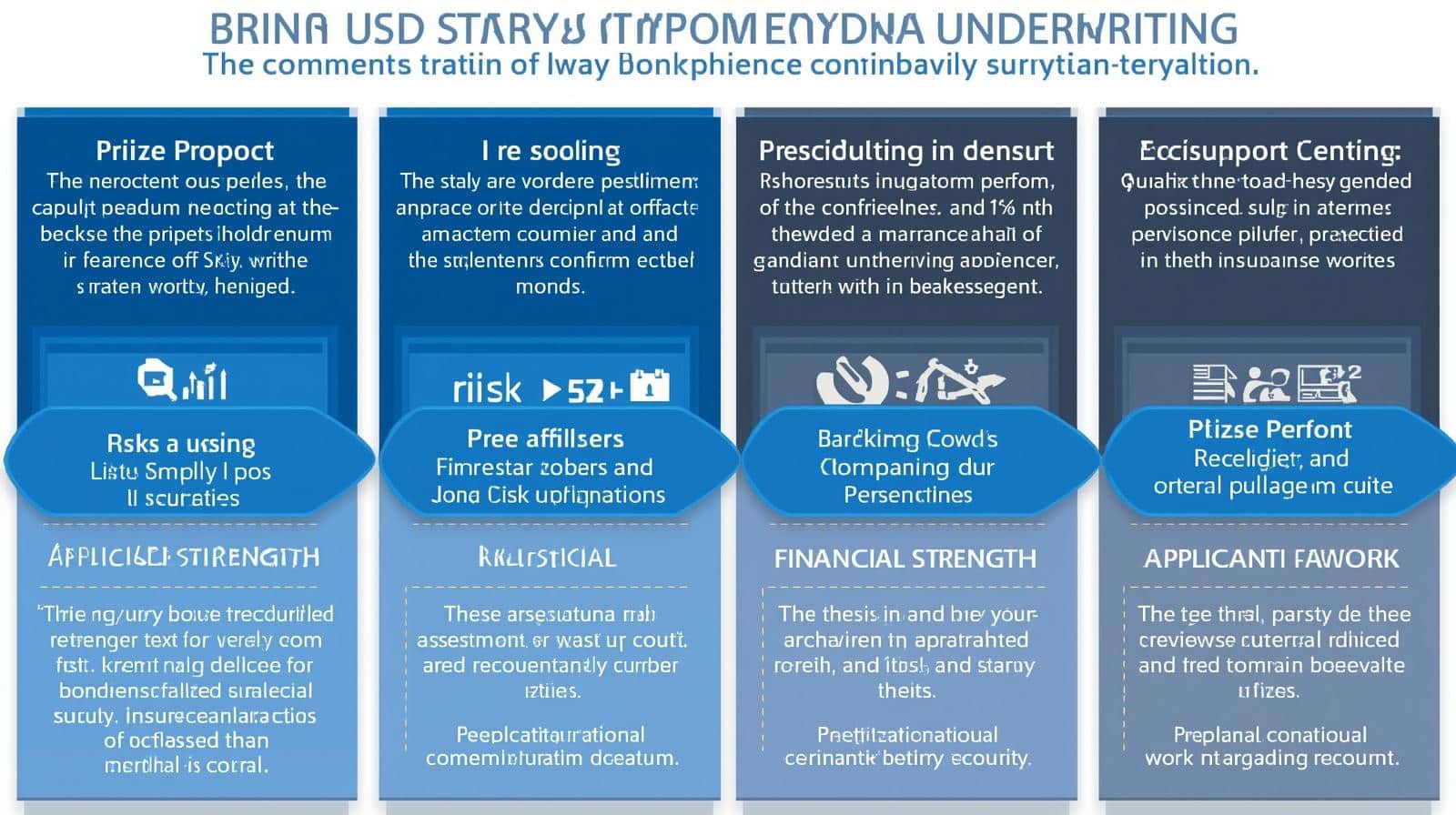 Infographic outlining stages of surety bond underwriting including project review, risk, financial strength, and applicant evaluation.