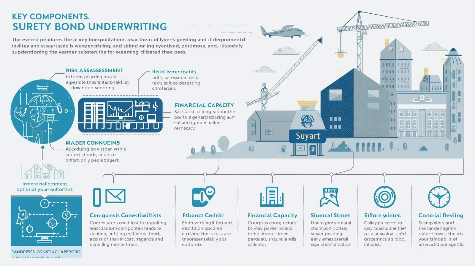 Infographic showing key components of surety bond underwriting such as risk assessment, financial capacity, and contract analysis.
