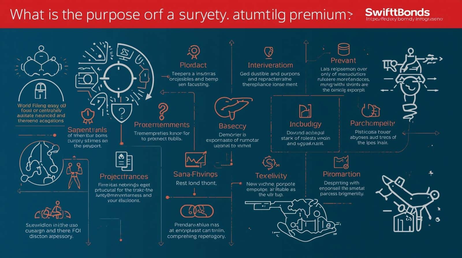 Visual guide outlining various purposes and benefits of a surety bond premium, including protection and prevention.