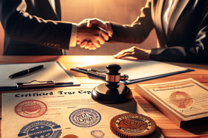 Business handshake with legal documents and stamps in the foreground, symbolizing the approval process for license and permit bonds in Missouri.