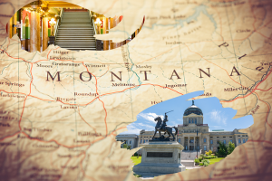 Montana state map with key landmarks and government buildings highlighting the importance of license and permit bonds in ensuring business compliance.