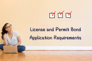 Young woman sitting with a laptop in front of a checklist wall graphic explaining license and permit bond application requirements in Montana.