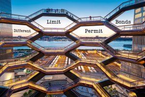 Unique New York architecture with text emphasizing 'License Permit Bonds and Limits' – representing different types of license and permit bonds available for businesses in New York.