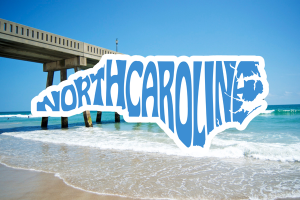 North Carolina coastline with a stylized map overlay, representing license and permit bonds in North Carolina