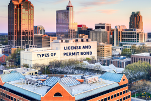 Downtown Raleigh, North Carolina, with text promoting various types of license and permit bonds for businesses