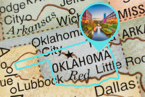 Map of Oklahoma with a focus on Oklahoma City, representing the importance of license and permit bonds for businesses across the state.