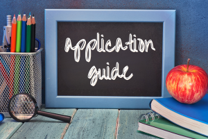 Application guide with school supplies, highlighting the process of applying for license and permit bonds in Oregon.