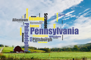 Pennsylvania cities word cloud against a rural landscape backdrop, highlighting key regions for license and permit bond applications.