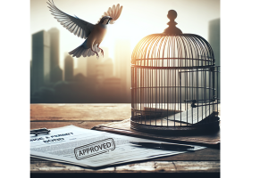 A bird flying out of a cage next to an approved License & Permit Bond document, symbolizing the freedom and security that comes with compliance in Pennsylvania.