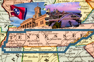 Map of Tennessee with state flag, government building, and city skyline highlighting the importance of license and permit bonds.