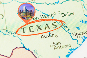 Texas map highlighting Dallas and Fort Worth, essential locations for understanding license and permit bonds in Texas.