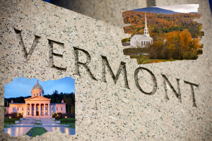 Granite Vermont inscription with a collage of iconic Vermont landmarks, representing the state's historical roots and regulation landscape, perfect for illustrating license and permit bond requirements in Vermont.