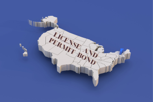 A 3D map of the United States with Vermont highlighted and the words 'License and Permit Bond' displayed, symbolizing the importance of bonding and licensing across state lines, with a focus on Vermont's unique requirements.