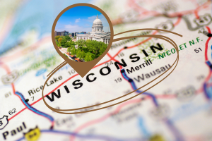 Wisconsin map with the state capitol highlighted, representing the focus on license and permit bonds in Wisconsin.