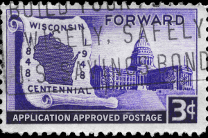 Vintage Wisconsin postage stamp with 'Application Approved' marking, symbolizing the approval process for bonds in Wisconsin.